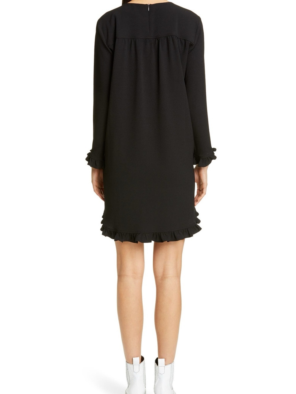 Ganni Clark Black Long-Sleeve Mini Dress with Ruffle Hem Shift Dress Size Small - Picture 2 of 10